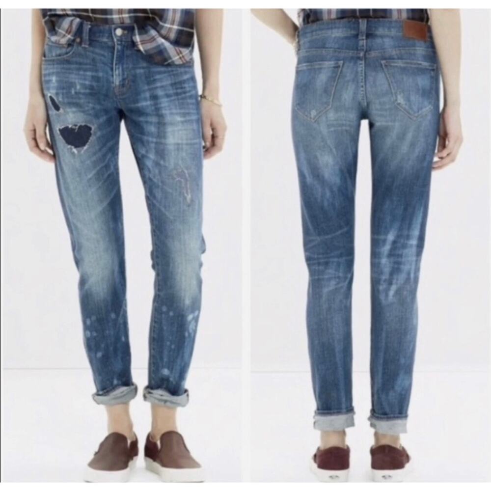 Madewell Womens 26 Slim Boy Jean Rip Repair Distressed Blue Denim Roll Cuff Jean